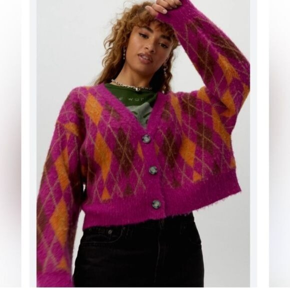 Daydreamer fuchsia Sunset Argyle Plaid Cropped Cardigan Sweater, Size Small NWT - Picture 1 of 10